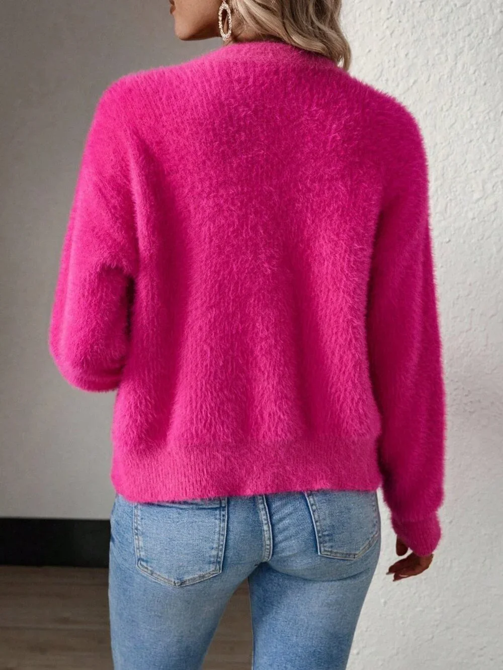 Hot Pink Casual Women's Drop Shoulder Button Front Fluffy Knit Cardigan